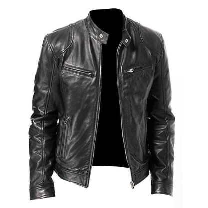 Men's Stand Collar Slim Fit Zip Pocket Leather Jacket