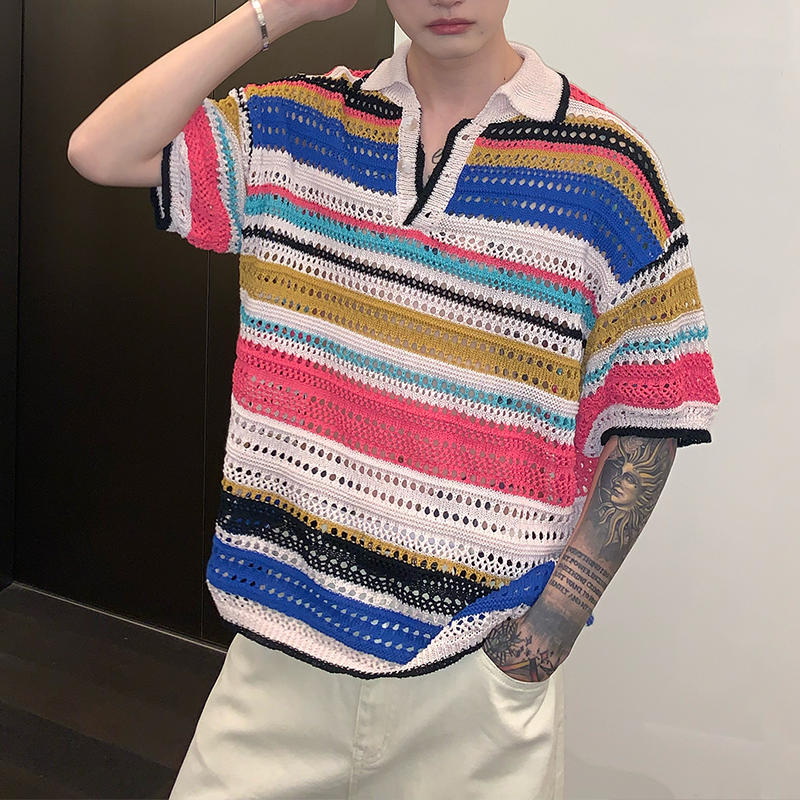 Men's Summer Vintage Striped Cutout Polo Shirt