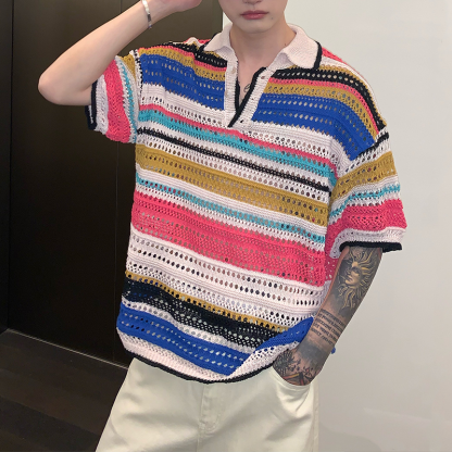 Men's Summer Vintage Striped Cutout Polo Shirt