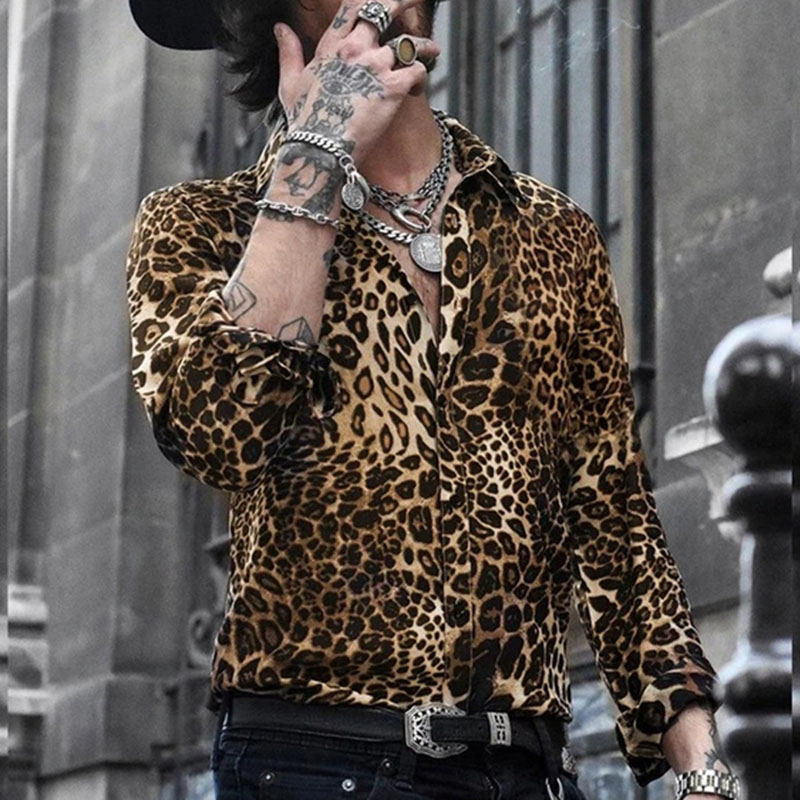 Wild & Trendy Men's Leopard Print Shirt Long Sleeve Casual Vacation Shirt