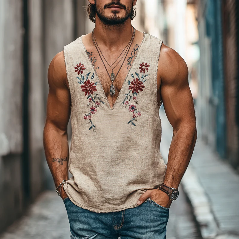 Men's Casual Linen V-Neck Floral Embroidered Raw Edge Loose Tank Top
