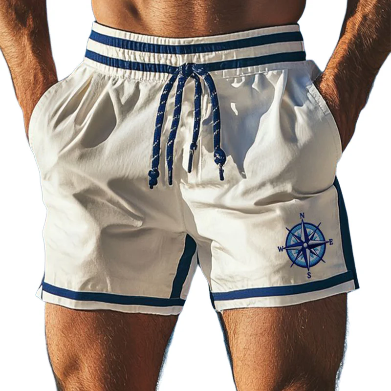 Men's Retro Casual Colorblock Compass Print Sports Drawstring Beach Shorts