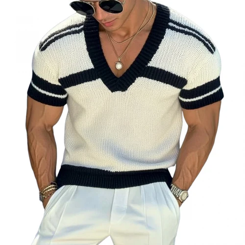Men's Casual V-neck Striped Jacquard Slim Fit Knitted Short-sleeved Sw