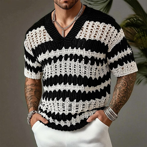 Men's Knitted Contrast Color V-neck Short-sleeved Sweater T-Shirt