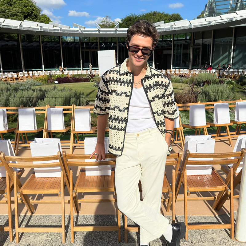 Men's Crochet Black & White Contrast Shirt, Bohemian Beach Shirt, Fashionable Y2K Hollow Top