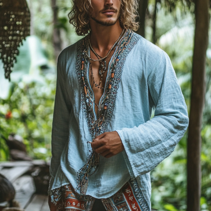 Men's Deep V Neck Vintage Bohemian Printed Linen Shirt Long Sleeve Holiday Beach Shirt