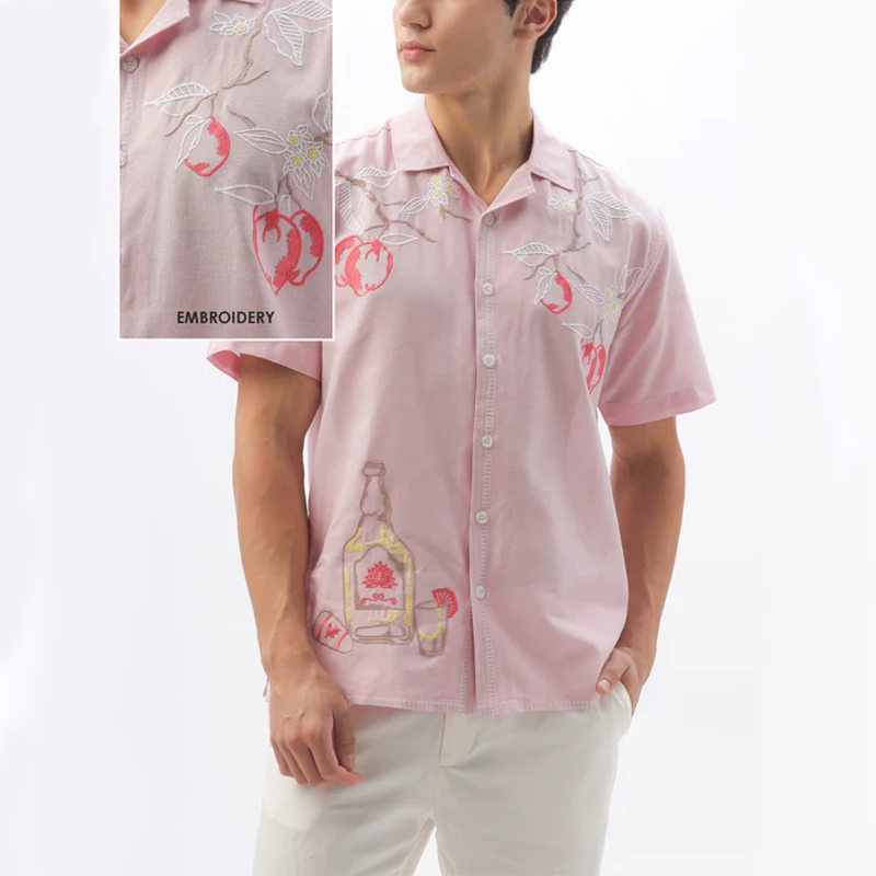 Men's Pink Floral Embroidery Casual Shirt