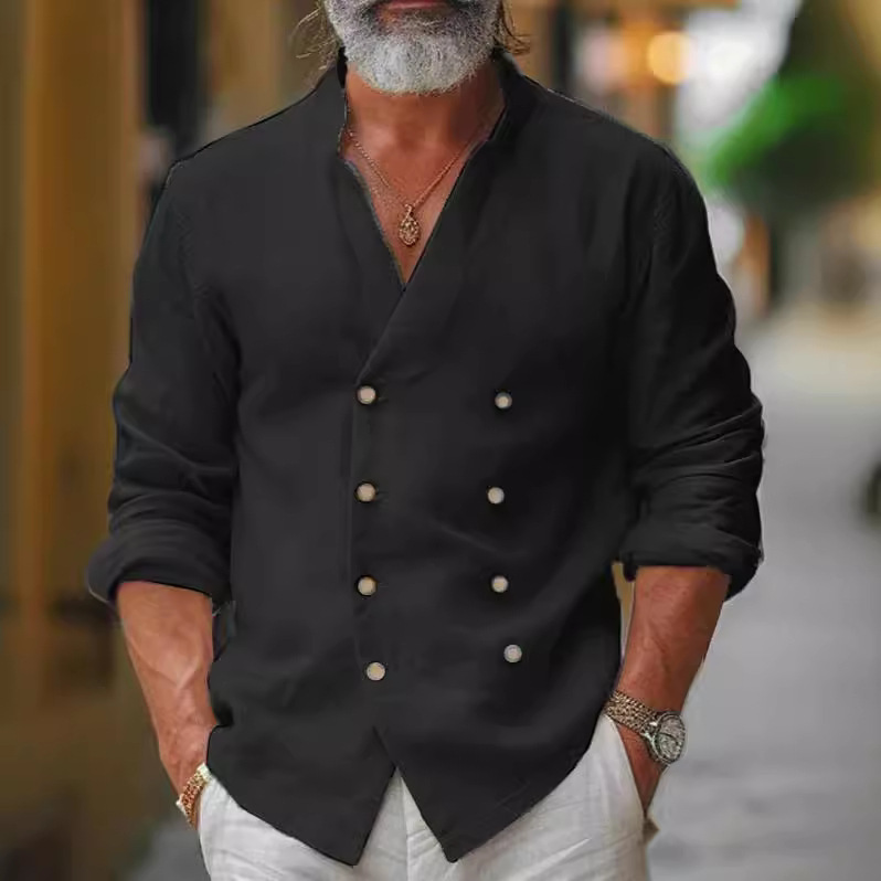 Men's Shirt Linen Shirt Button Up Shirt Band Collar Shirt Daily Clothing Apparel