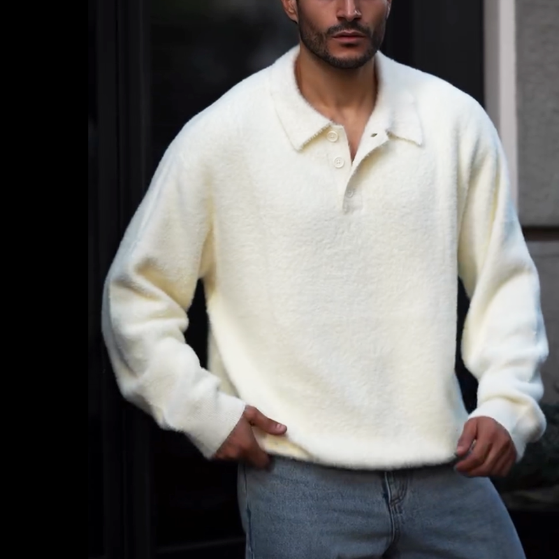 Men's Plush Knit Polo Sweater, Long Sleeve Soft Relaxed Fit Fuzzy Mock Neck Pullover, Fall Winter Casual Thermal Sweater