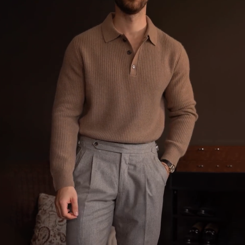 Men's Polo Collar Knit Sweater, Long Sleeve Relaxed Fit Pullover for Fall Winter, Casual Smart Office Wear, Modern Vintage Style