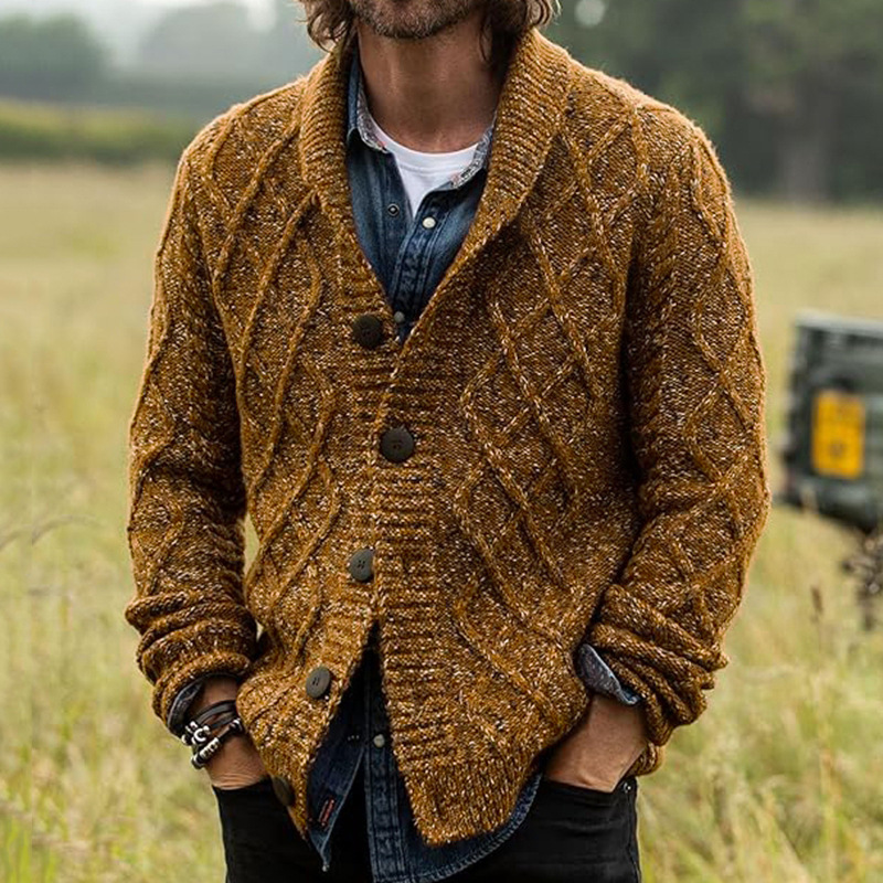 Men's Vintage Diamond-patterned Knitted Cardigan, Thickened Knitted Wool Coat for Fall and Winter