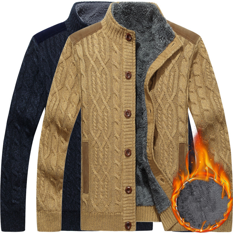 Men's Winter Warm Thick Cotton Plush Sweater Jacket, Thick & Plush Cable Knit Pullover with Stand Collar, Single Breasted Cardigan Casual Sweater Knitwear