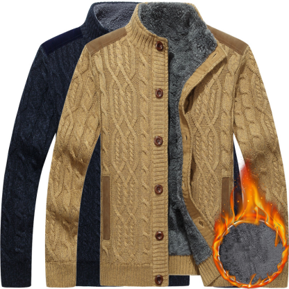 Men's Winter Warm Thick Cotton Plush Sweater Jacket, Thick & Plush Cable Knit Pullover with Stand Collar, Single Breasted Cardigan Casual Sweater Knitwear