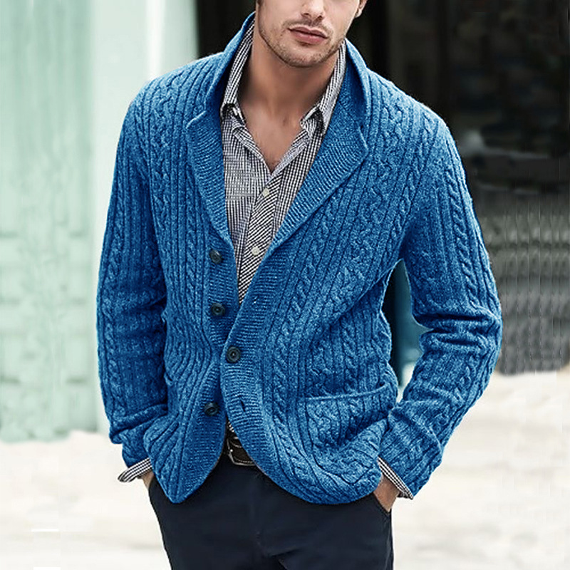 Men's Cable Knit Cardigan with Side Pockets, Retro Style Knitted Cardigan, Autumn and Winter Cable Knit Sweater, Casual Long Sleeve Lapel Cardigan for Men