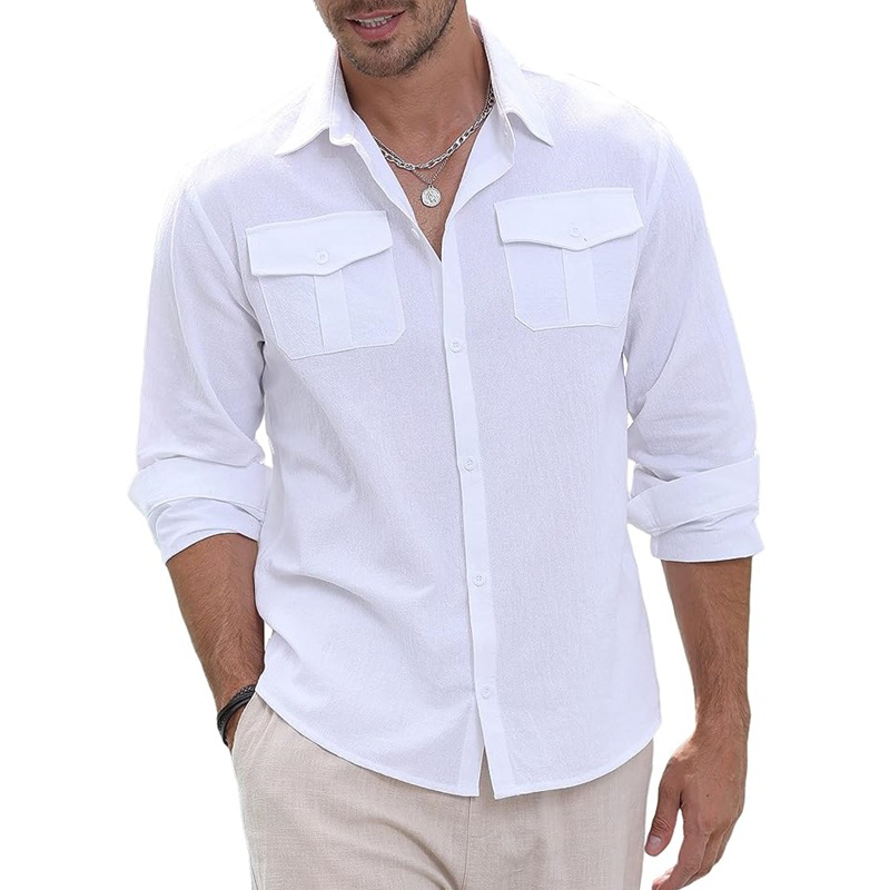 Men's Linen Shirt Long Sleeve, Relaxed Fit Breathable Button Down Shirt for Summer, Casual Beach Resort Wear & Versatile Cover-Up