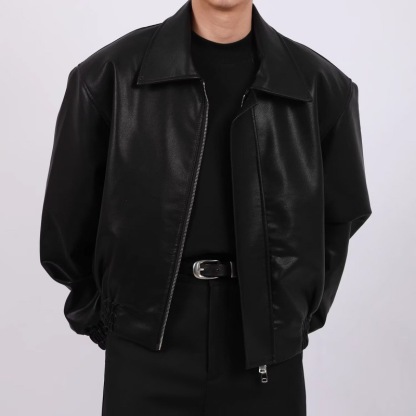 Autumn PU Leather Jacket For Men, High-End Look With Turn-Down Collar, Loose-Fit Casual Short Jacket With A Rebellious Edge, Versatile And Trendy, Perfect For Everyday Wear.