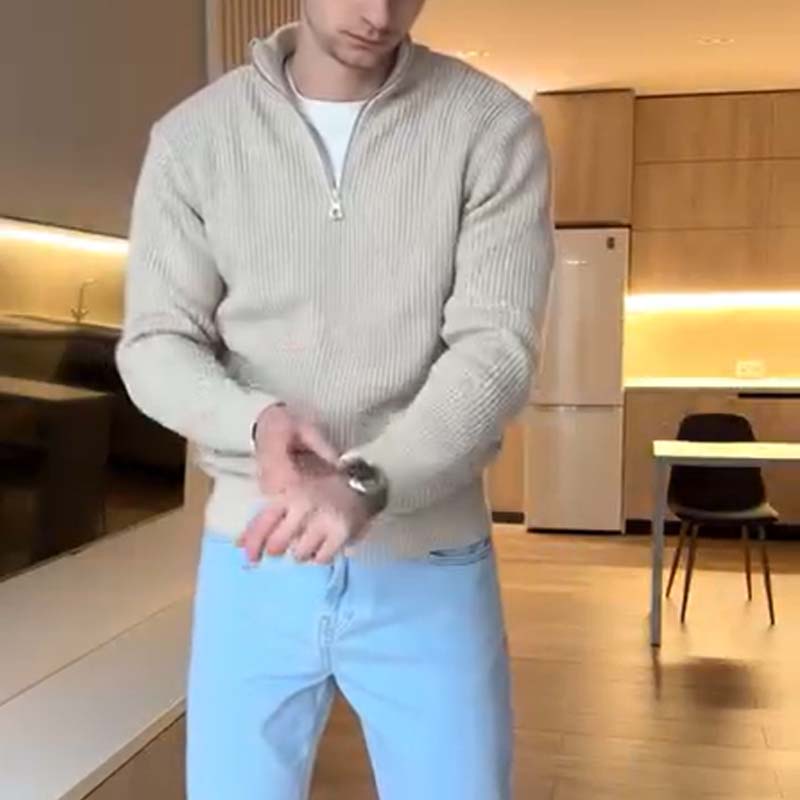 Men's Loose Stand Collar Half Zip Sweater – Spring and Autumn Fashion Knitted Pullover, Casual and Versatile Design