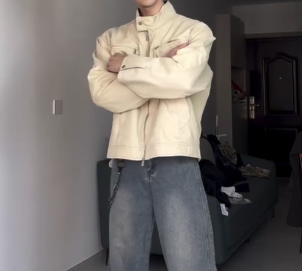 Men's Heavyweight Washed Canvas Stand Collar Denim Jacket, Spring & Fall Harrington Workwear Bomber Coat, Streetwear-Inspired Utility Jacket