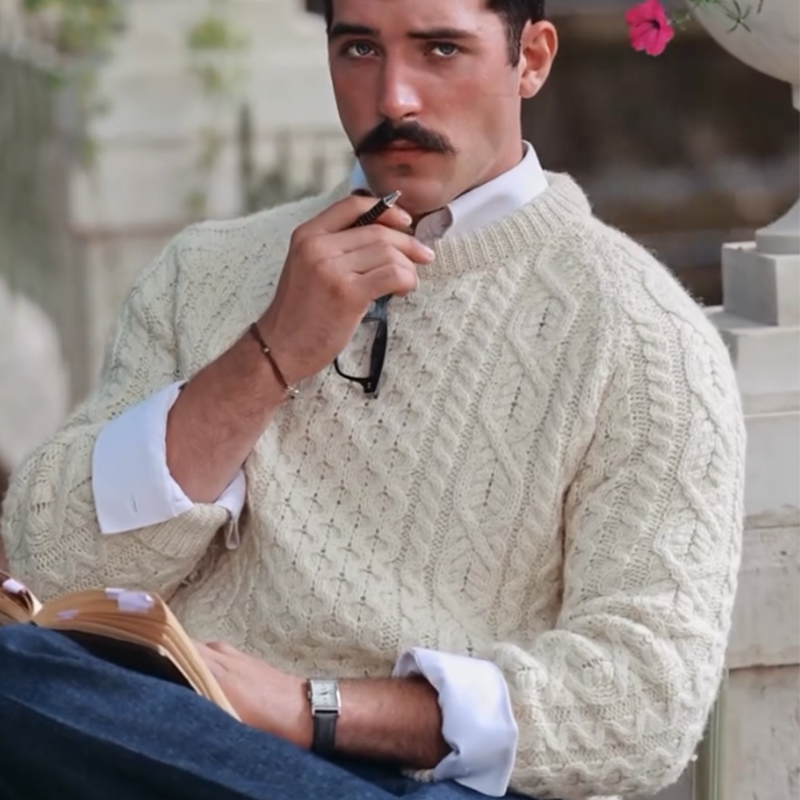 2025 Men's Retro Heavyweight Wool Blend Sweater, Classic Chunky Cable Knit, Aran Wool Sweater, Winter Crewneck Pullover