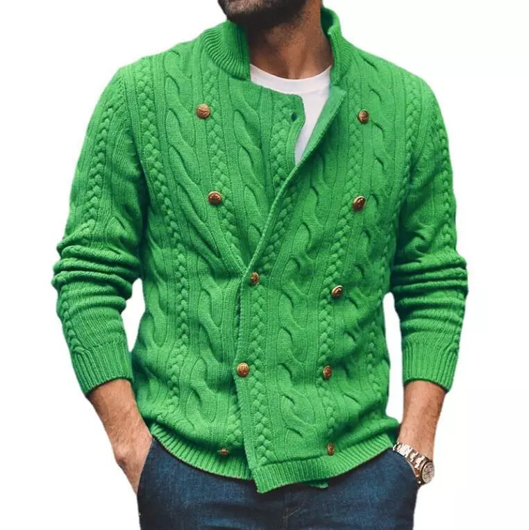 Men's 2024 Fashion Stand Collar Double Breast Knitted Sweater Cardigan 