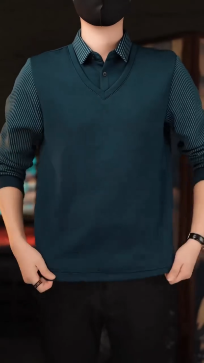 Men's Fleece Lined Faux Two-Piece Striped Polo Shirt – Thickened Knit Long Sleeve for Fall/Winter, Trendy and Warm, Perfect for Casual or Semi-Formal Wear