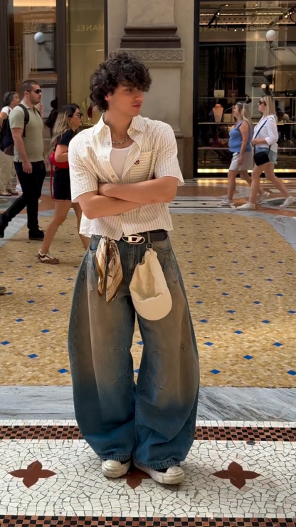 Men's Retro American High-Waist Curved-Cut Jeans – Fall & Winter Loose Wide-Leg Streetwear Denim Pants, Slimming Draped Trousers with High-Fashion Design