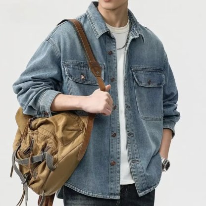 Spring Fall New Men's Washed Vintage Denim Shirt Jacket Casual Streetwear Outerwear