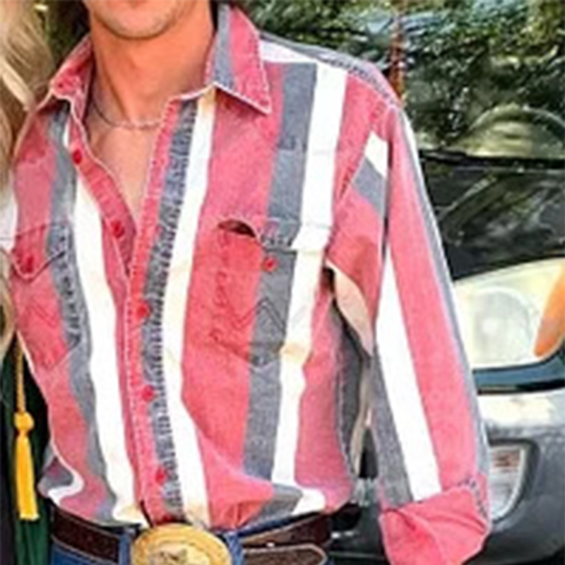 Men's Retro Color Block Stripe Printed Loose Long Sleeve Shirt 