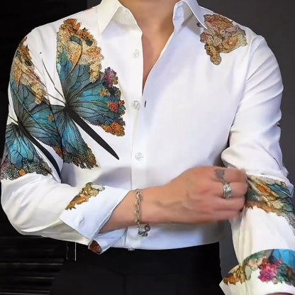 Men’s Street Style Slim Fit Floral Shirt 3D Digital Print Long Sleeve Lapel Casual Fashion Top