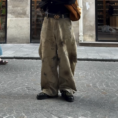 Men’s Washed Vintage Wide-Leg Jeans Heavy Washed Loose Fit Denim Curved Blade Cut Trousers