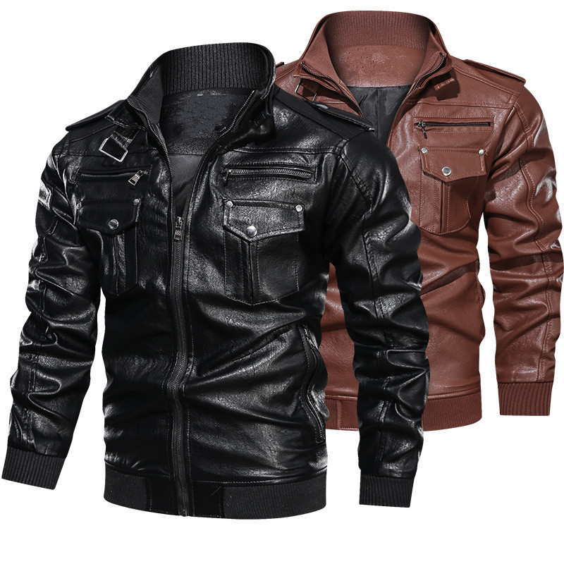 Men's Leather Sports t Washed Retro Front Pockets Genuine Leather Jacket