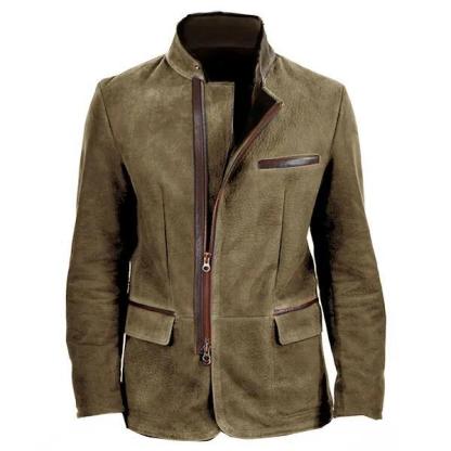Autumn Winter Men's Solid Color Zip-Up Jacket with Flap Pockets Warm Casual Outerwear