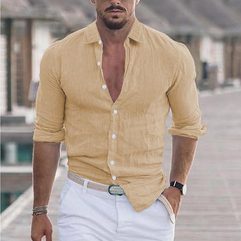 Men's Summer Cotton Linen Long Sleeve Shirt Casual Solid Color Beachwear Hawaiian Holiday Style