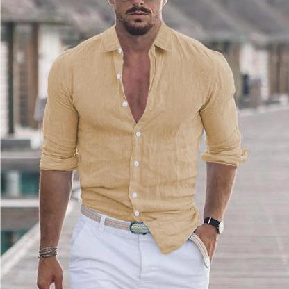 Men's Summer Cotton Linen Long Sleeve Shirt Casual Solid Color Beachwear Hawaiian Holiday Style