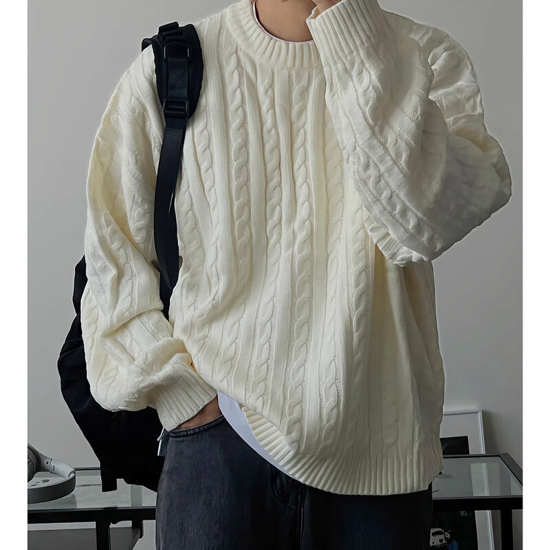 Men's Winter Chunky Cable Knit Sweater Loose Fit Warm Crew Neck Pullover Knitwear