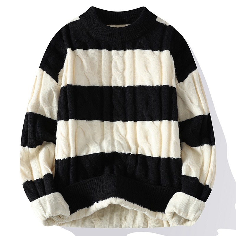 Men's Thick Striped Color-Block Sweater – Classic Crew Neck Pullover Knitwear, Warm and Casual American Street Style