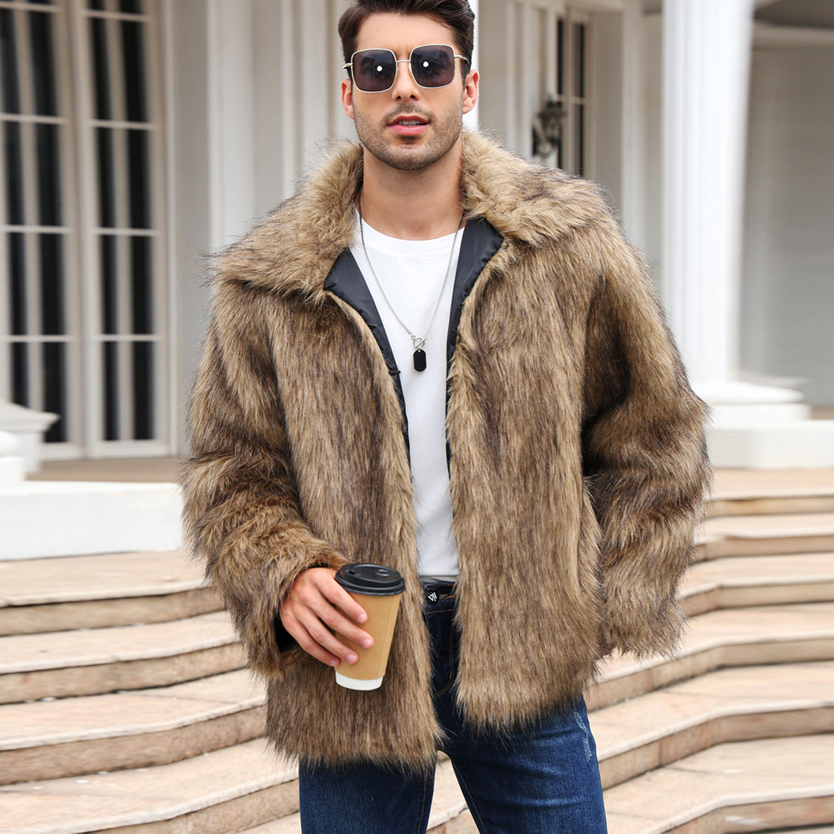 Men’s Short Faux Fur Jacket with Lapel Collar – Warm Plush Outerwear for Fall and Winter Street Style