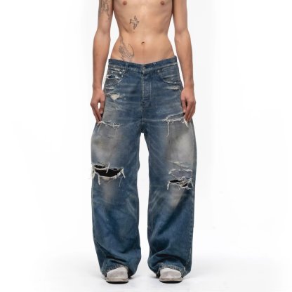 Men’s Vintage American Style Loose Fit Jeans – Distressed Ripped Denim Trousers with Relaxed Draping Silhouette