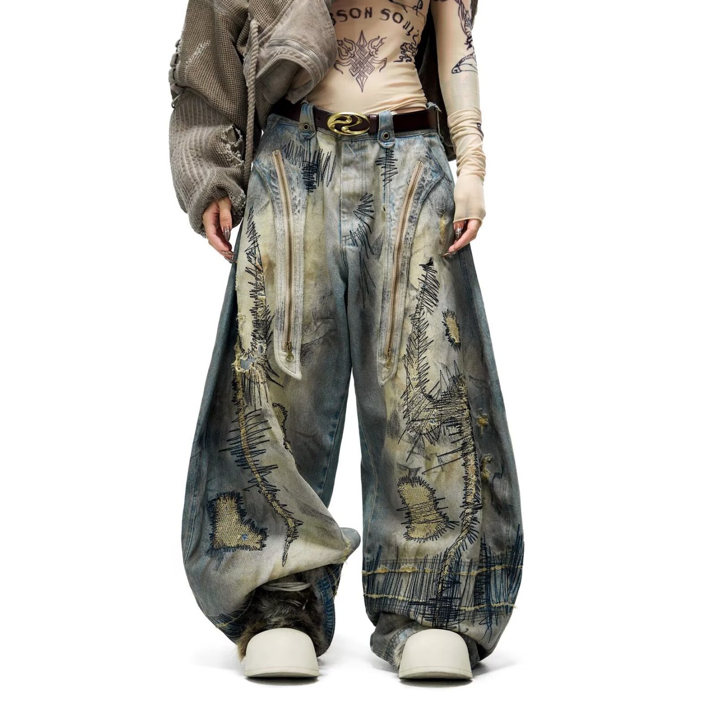 Unisex American Street Style Heavy-Stitch Jeans | Washed & Distressed Wide-Leg Denim | Grunge Techwear Blade Pants