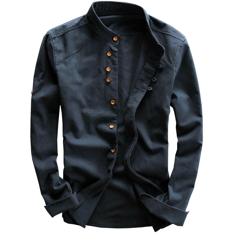 Men's Casual Stand-Up Collar Cotton And Linen Shirt