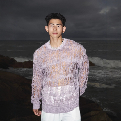 Men’s Hollow Out Knit Sweater – Loose Fit See-through Mesh Pullover with Fringe Details, Wabi-Sabi Aesthetic Street Style