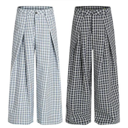 Unisex Pleated Checkered Wide-Leg Pants – Minimalist Retro Loose Trousers, Gender-Neutral Design for Stylish Everyday Wear