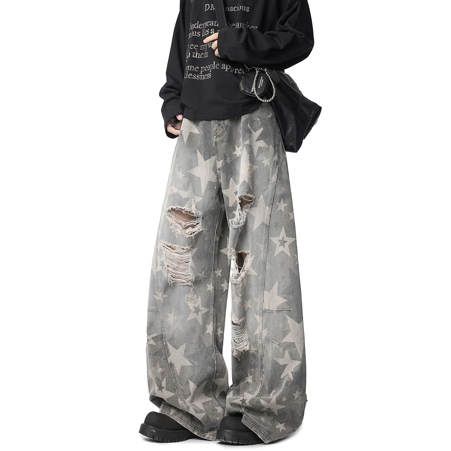Unisex Vintage Star Print Distressed Jeans – American Retro Punk Style Wide-Leg Denim Pants for Streetwear Lovers