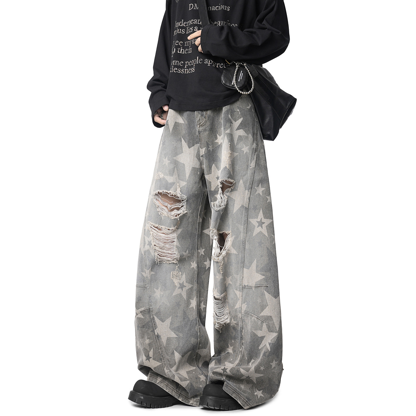 Unisex Vintage Star Print Distressed Jeans – American Retro Punk Style Wide-Leg Denim Pants for Streetwear Lovers