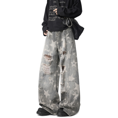 Unisex Vintage Star Print Distressed Jeans – American Retro Punk Style Wide-Leg Denim Pants for Streetwear Lovers
