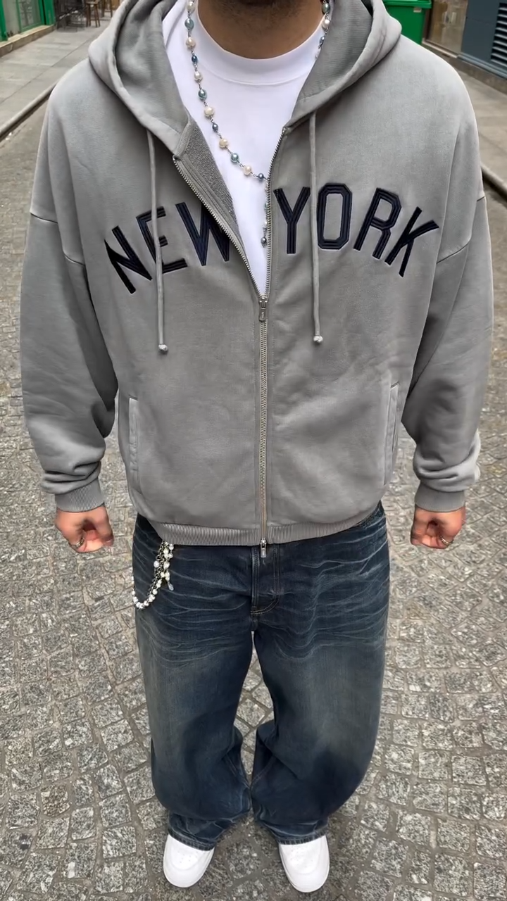 American Vintage White Zip-Up Hoodie | NEW YORK Embroidered Loose Fit Jacket for Fall & Winter