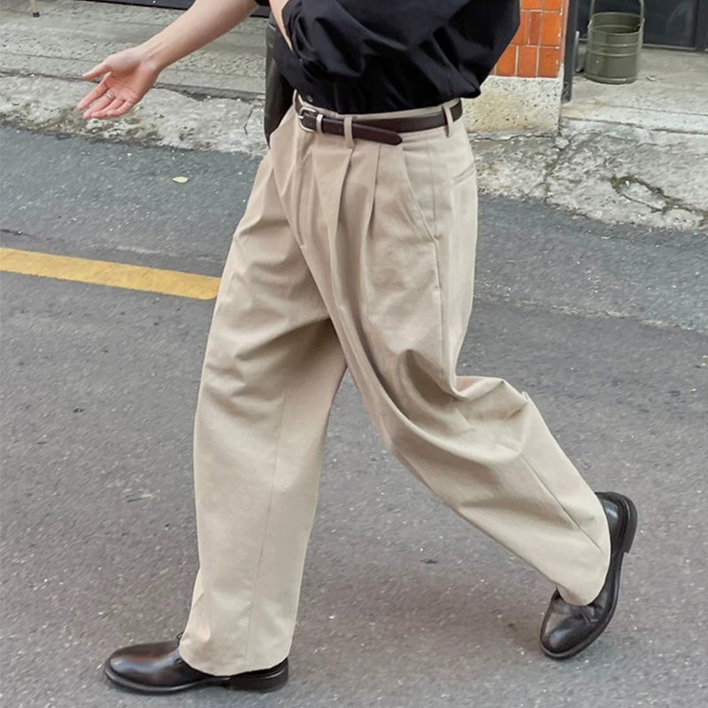 New Men's Wide Leg Trousers, Relaxed Fit Dress Pants with Double Pleat And Hidden Button, Business Casual Office Pants