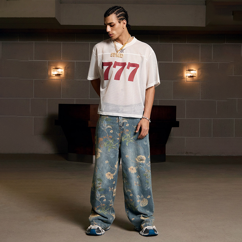 Men's Vintage All-Over Floral Print Washed Jeans, Casual Streetwear Wide Leg Denim Pants