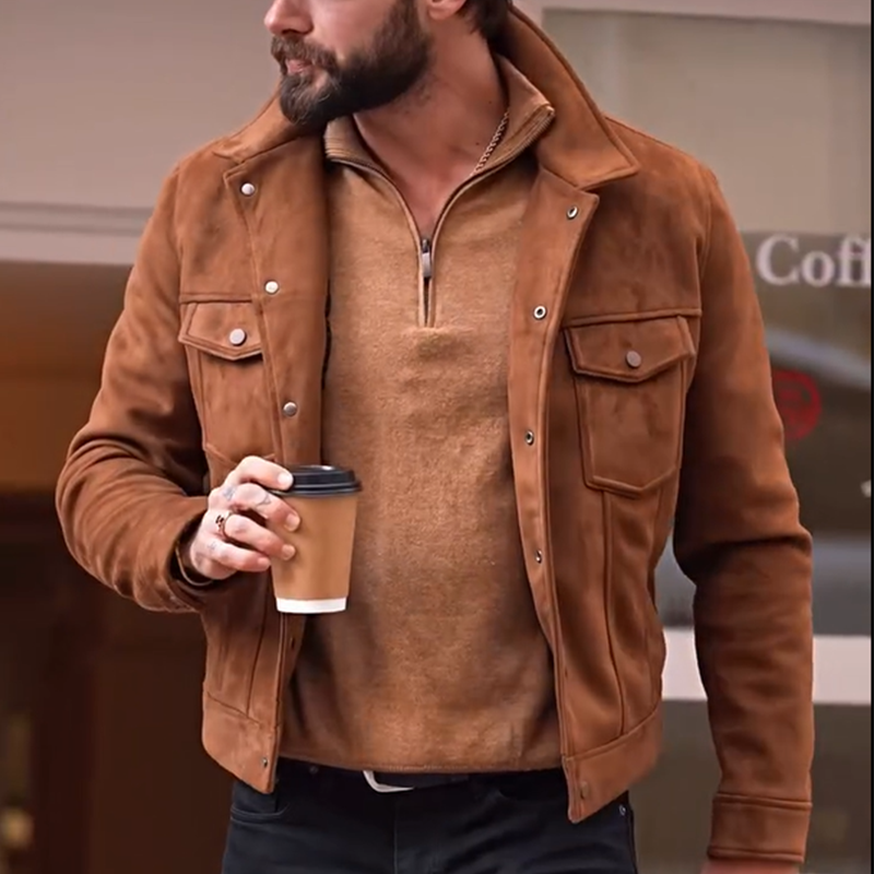 Men's Suede Bomber Jacket, Business Casual Notch Lapel Fall Jacket