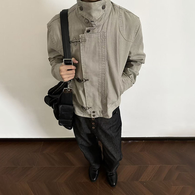 Men's Heavy Cotton Work Jacket, Lobster Clasp Stand Collar Short Coat, Clean Fit Workwear Style Short Coat